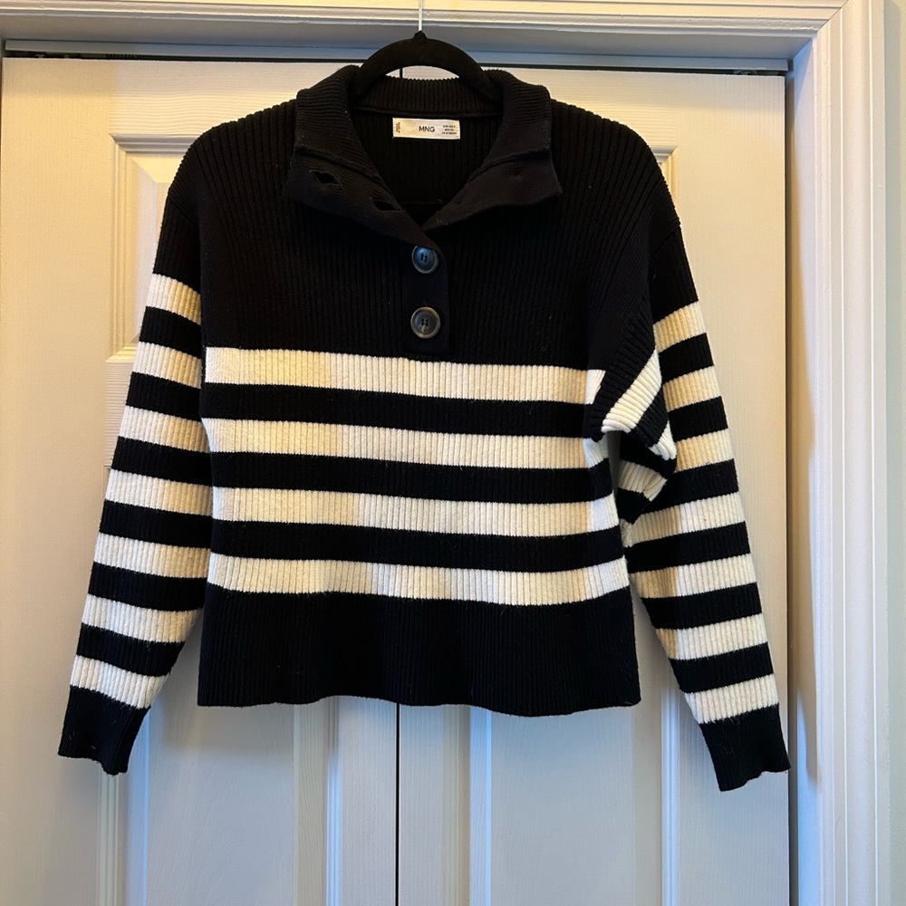 Mango striped black and white button neck sweater